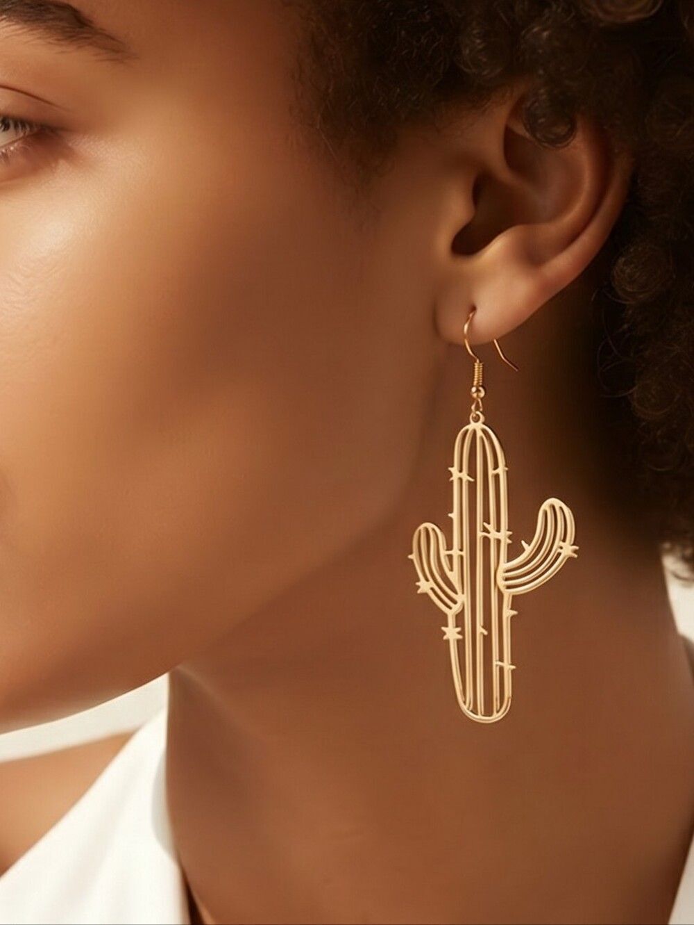 Gold Cactus Drop Earrings Saguaro Desert Boho Western Revival Dangle Statement